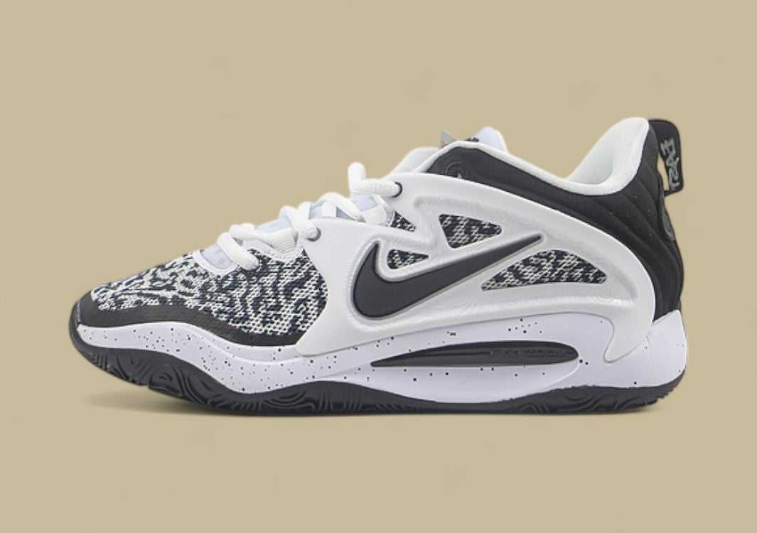 Nike KD Basketball Shoes Black and White Knit Upper with Speckled Midsole and Bold Swoosh