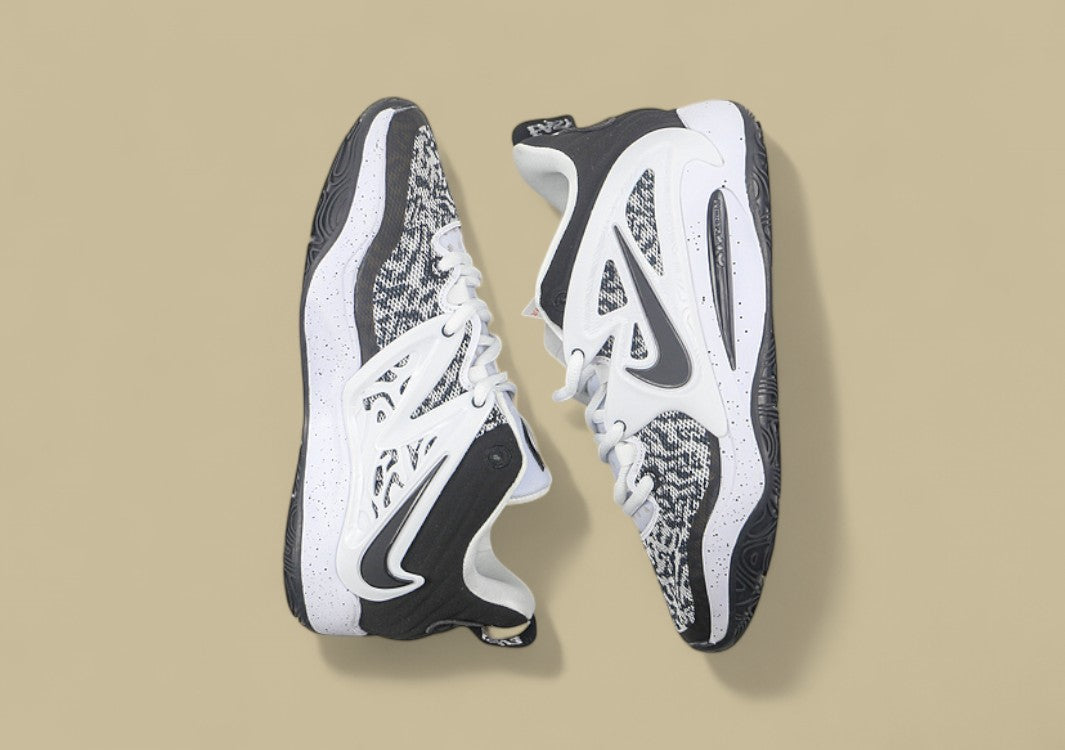 Nike KD Basketball Shoes Black and White Knit Upper with Speckled Midsole and Bold Swoosh
