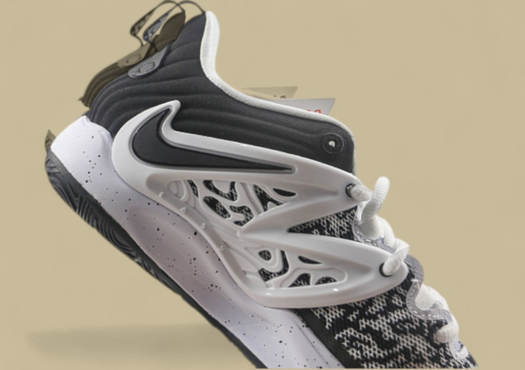 Nike KD Basketball Shoes Black and White Knit Upper with Speckled Midsole and Bold Swoosh
