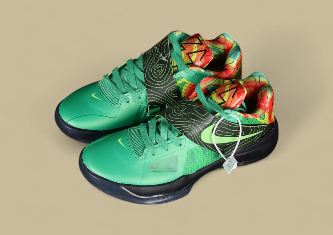 Nike KD Basketball Shoes Bold Green Upper with Black Midsole & Multicolor Graphic Heel Design