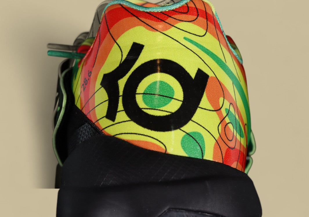Nike KD Basketball Shoes Bold Green Upper with Black Midsole & Multicolor Graphic Heel Design