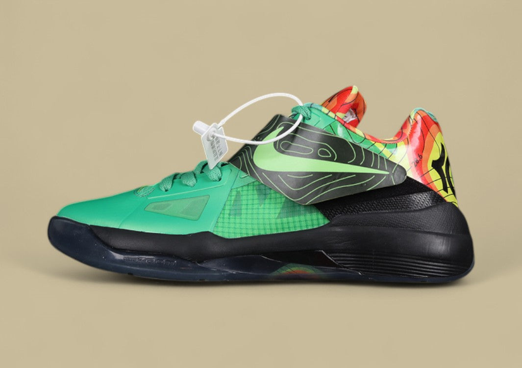 Nike KD Basketball Shoes Bold Green Upper with Black Midsole & Multicolor Graphic Heel Design