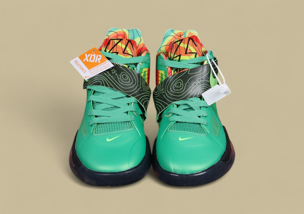 Nike KD Basketball Shoes Bold Green Upper with Black Midsole & Multicolor Graphic Heel Design