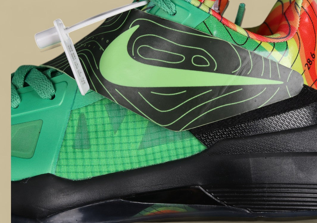 Nike KD Basketball Shoes Bold Green Upper with Black Midsole & Multicolor Graphic Heel Design