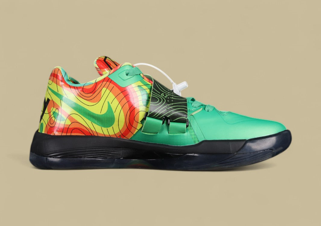 Nike KD Basketball Shoes Bold Green Upper with Black Midsole & Multicolor Graphic Heel Design