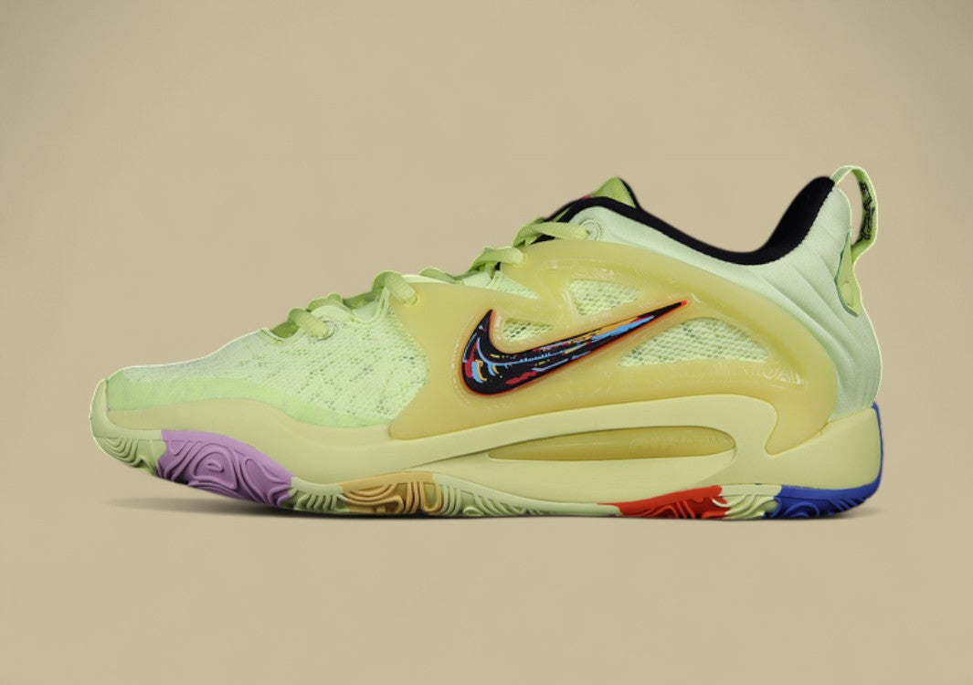 Nike KD Basketball Shoes Bright Volt Upper with Multi-Color Outsole and Vibrant Graphic Swoosh
