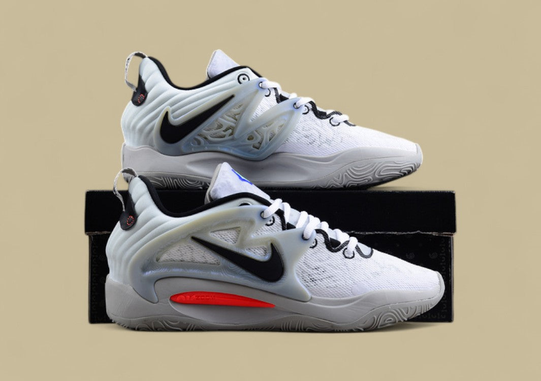 Nike KD Basketball Shoes Clean White Knit Upper with Black Swoosh and Frosted Support Cage