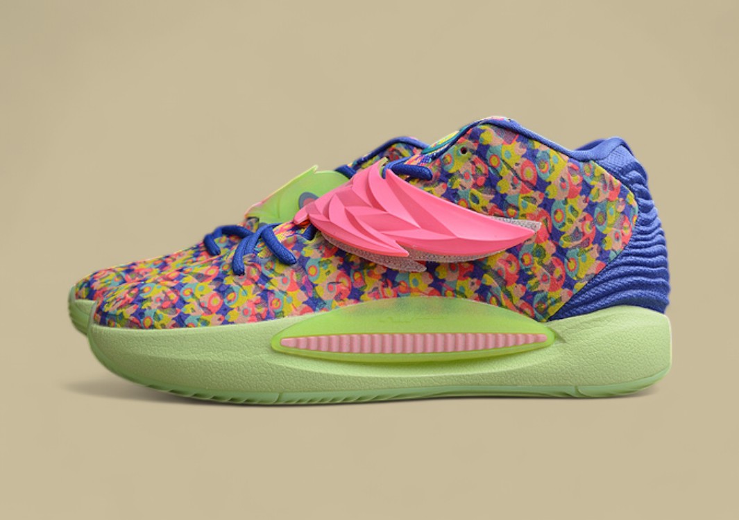 Nike KD Basketball Shoes Colorful Floral Print Upper with Neon Green Sole and Pink Strap