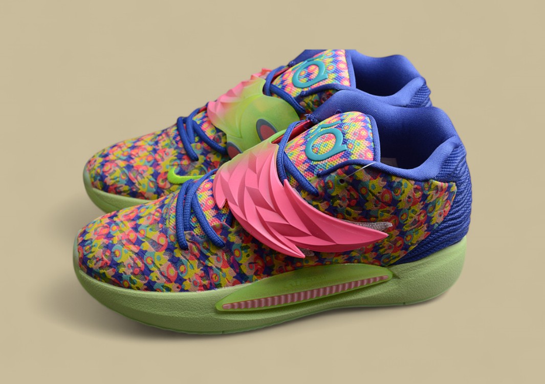 Nike KD Basketball Shoes Colorful Floral Print Upper with Neon Green Sole and Pink Strap