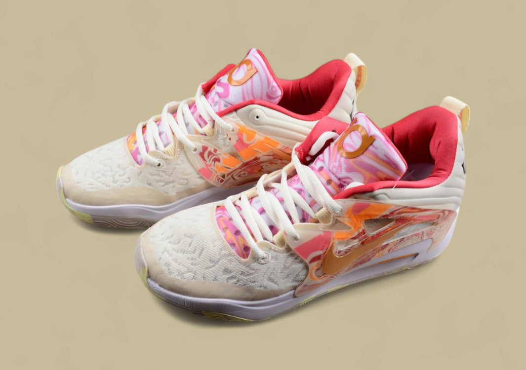 Nike KD Basketball Shoes Cream Upper with Peach, Pink & Yellow Marble Accents & Sole