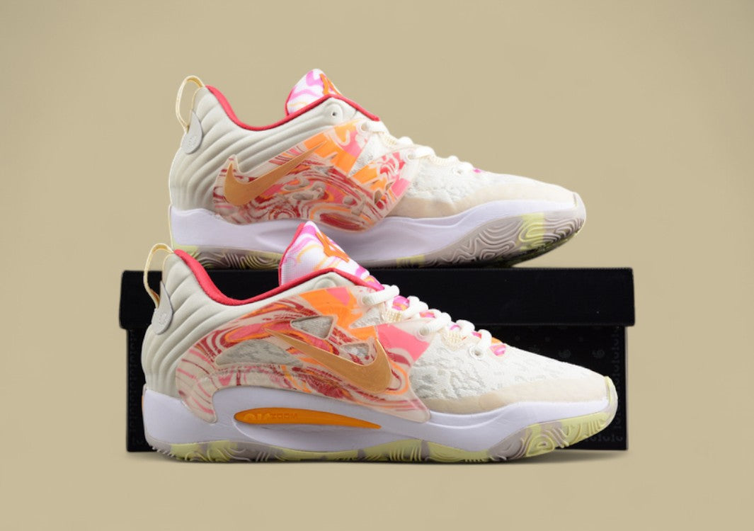 Nike KD Basketball Shoes Cream Upper with Peach, Pink & Yellow Marble Accents & Sole