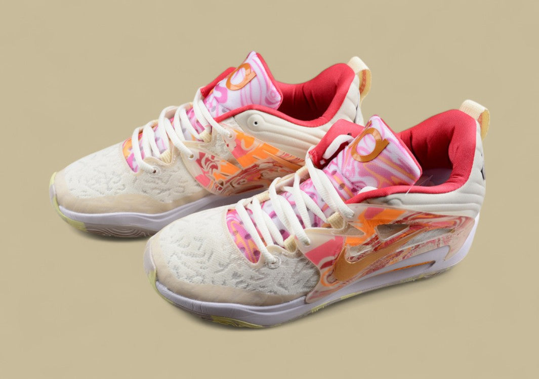 Nike KD Basketball Shoes Cream Upper with Peach, Pink & Yellow Marble Accents & Sole