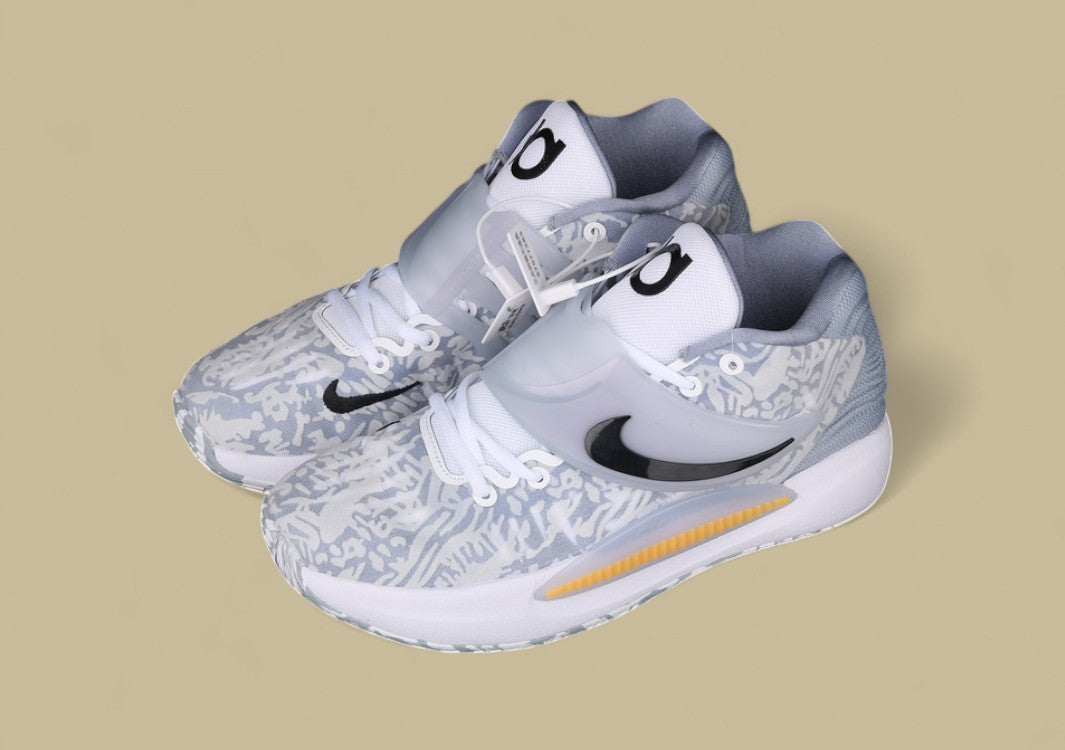 Nike KD Basketball Shoes Grey and White Camo Upper with Translucent Strap and Black Swoosh