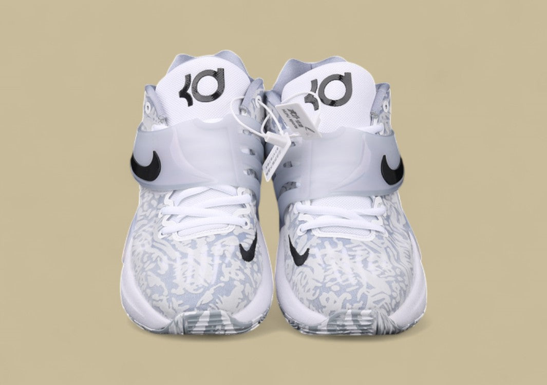 Nike KD Basketball Shoes Grey and White Camo Upper with Translucent Strap and Black Swoosh