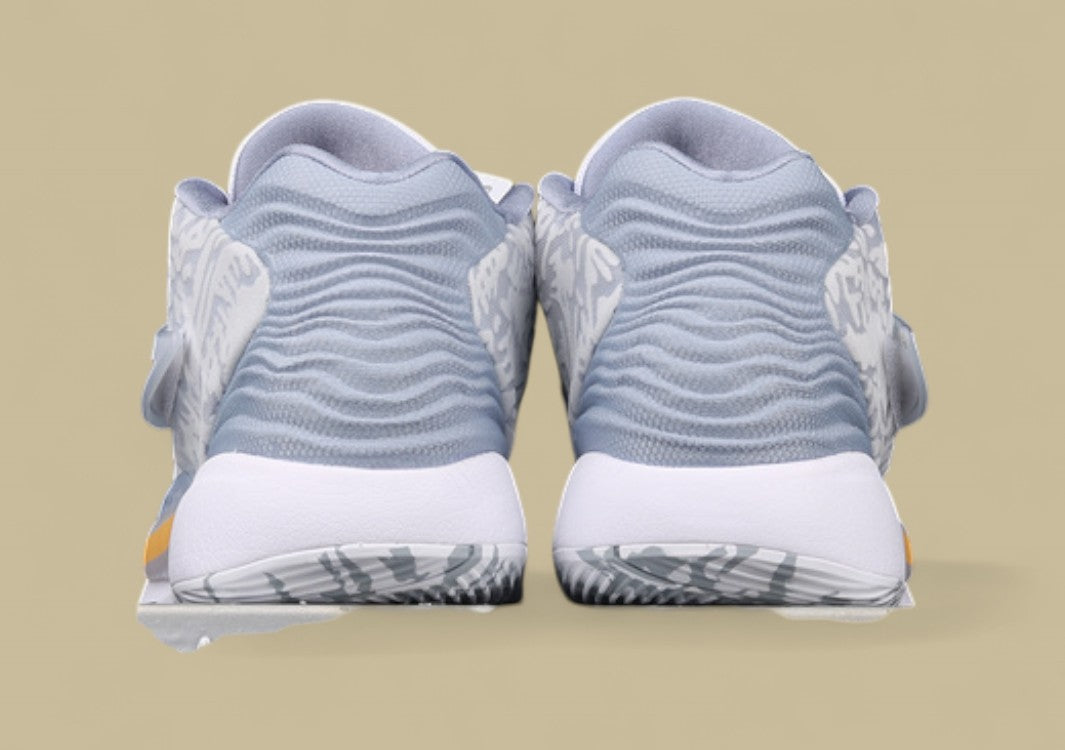 Nike KD Basketball Shoes Grey and White Camo Upper with Translucent Strap and Black Swoosh