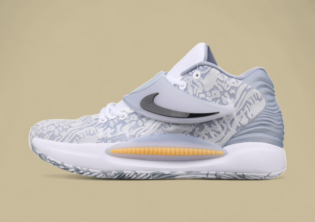 Nike KD Basketball Shoes Grey and White Camo Upper with Translucent Strap and Black Swoosh