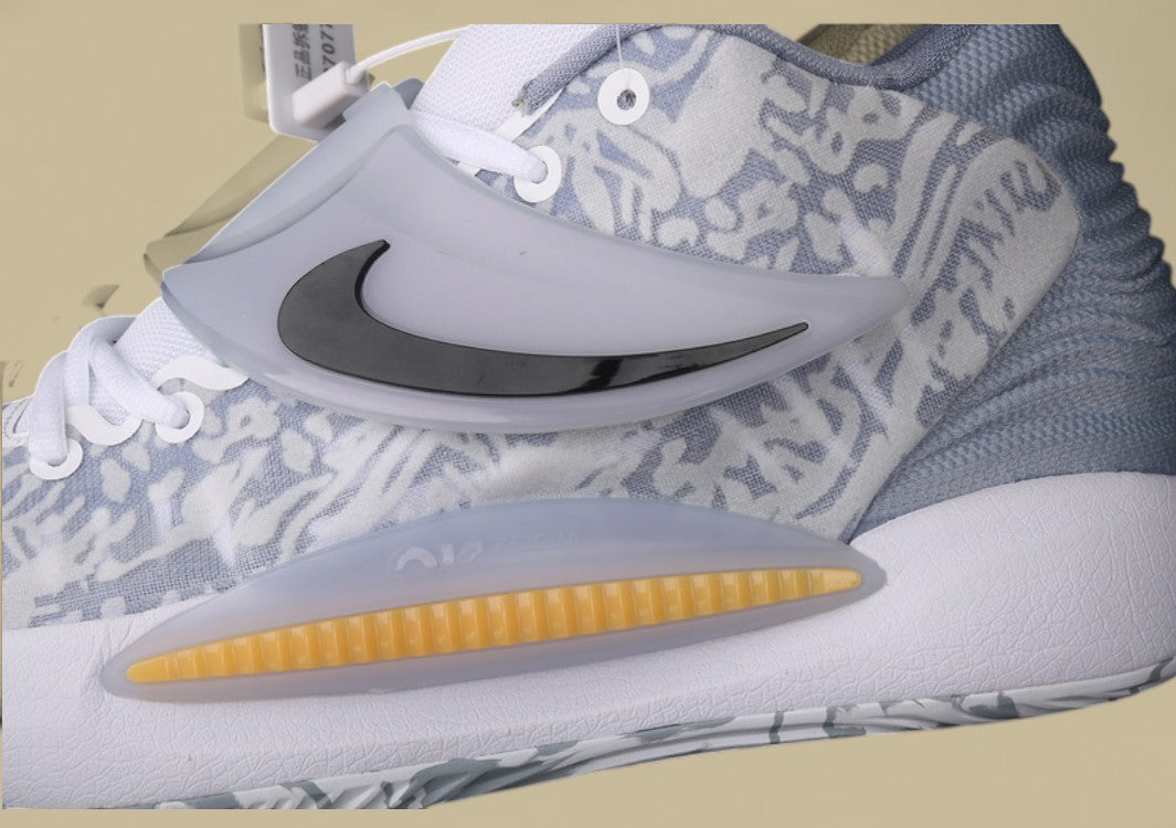 Nike KD Basketball Shoes Grey and White Camo Upper with Translucent Strap and Black Swoosh