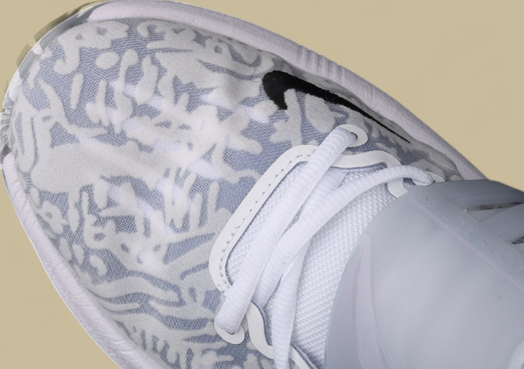 Nike KD Basketball Shoes Grey and White Camo Upper with Translucent Strap and Black Swoosh