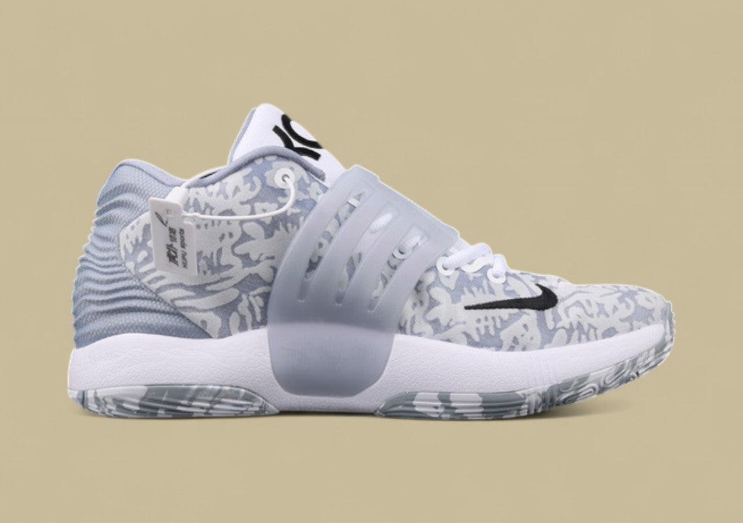 Nike KD Basketball Shoes Grey and White Camo Upper with Translucent Strap and Black Swoosh