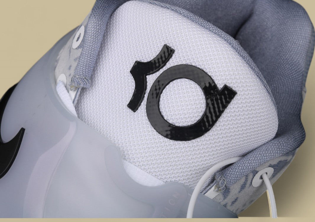 Nike KD Basketball Shoes Grey and White Camo Upper with Translucent Strap and Black Swoosh