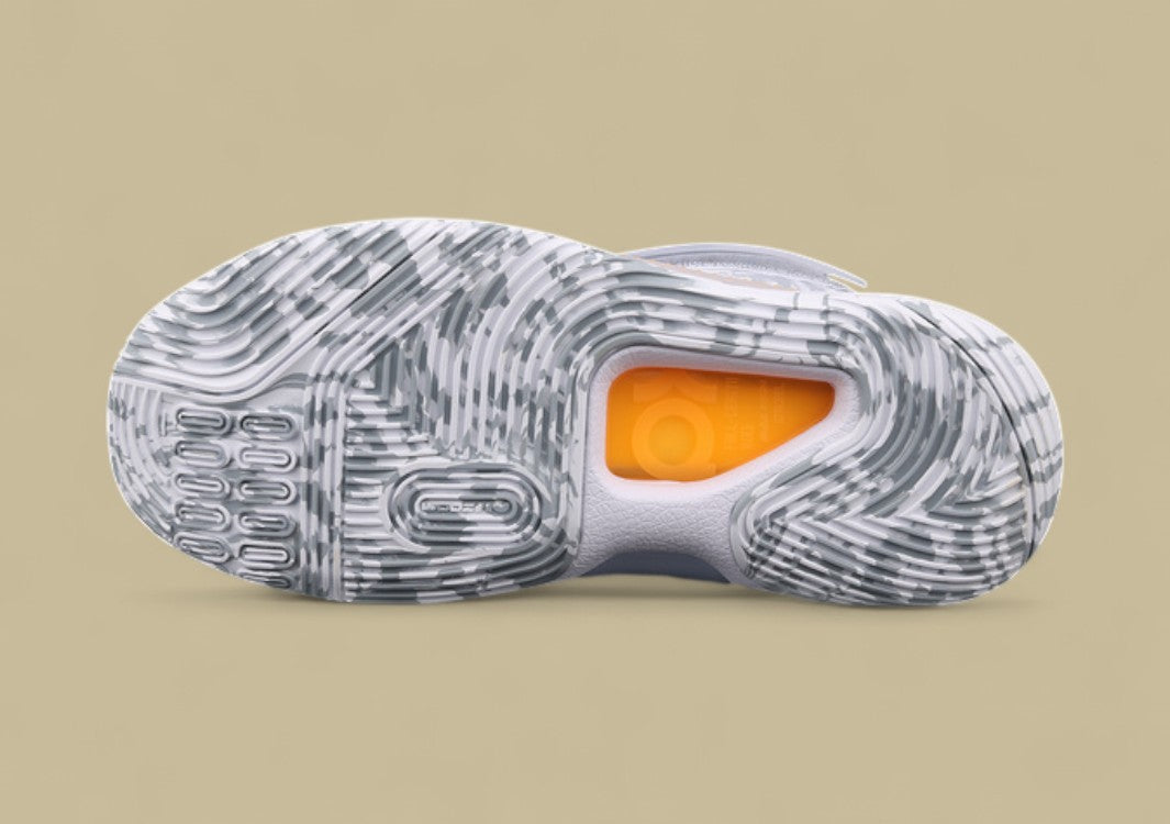 Nike KD Basketball Shoes Grey and White Camo Upper with Translucent Strap and Black Swoosh