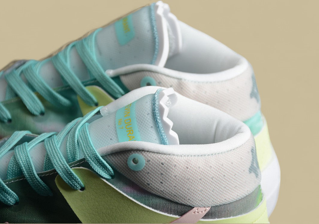 Nike KD Basketball Shoes Pastel Green Pink & Yellow Gradient Upper with Aqua Blue Laces