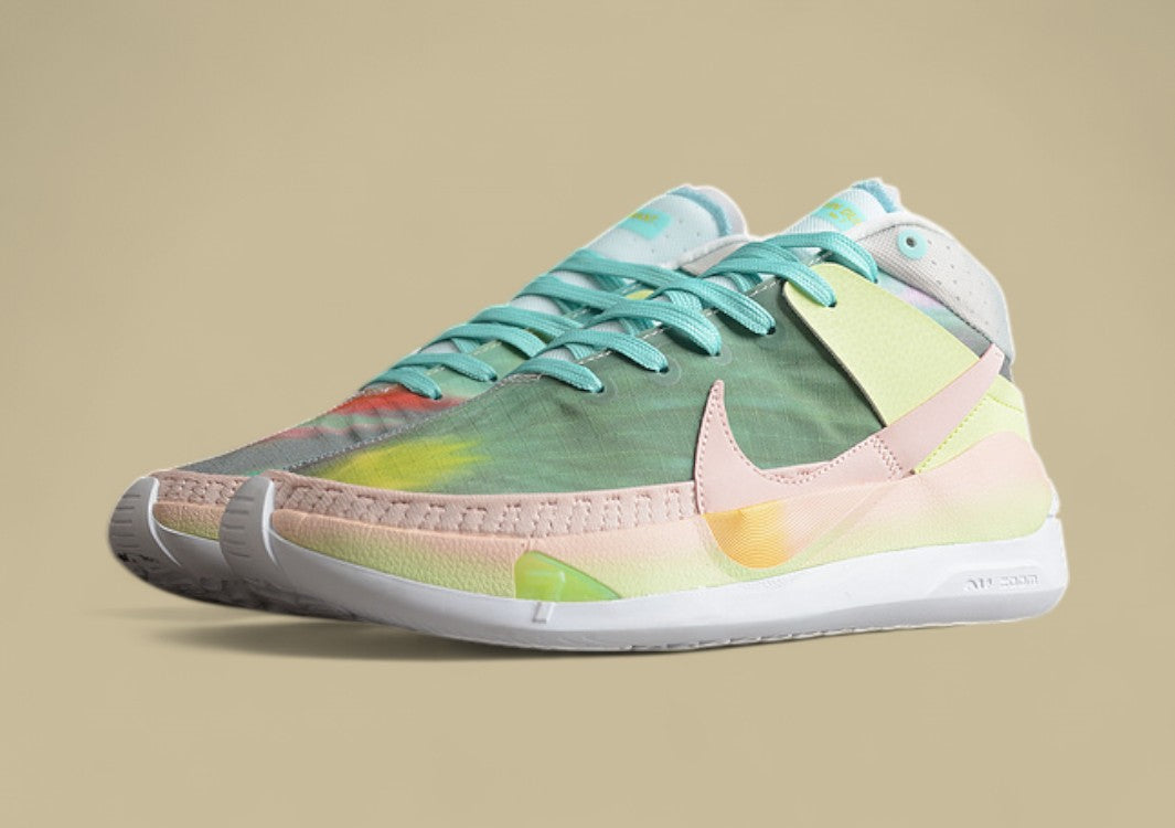 Nike KD Basketball Shoes Pastel Green Pink & Yellow Gradient Upper with Aqua Blue Laces
