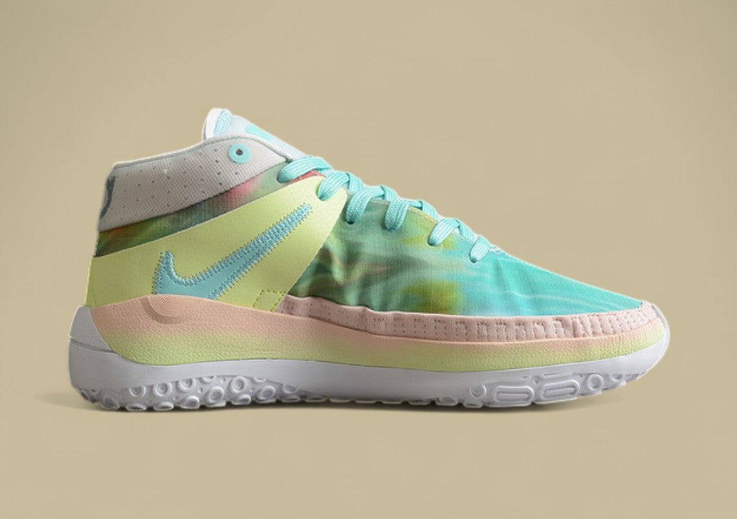 Nike KD Basketball Shoes Pastel Green Pink & Yellow Gradient Upper with Aqua Blue Laces