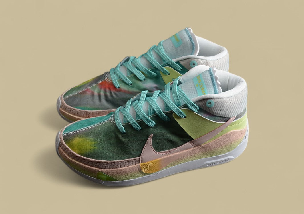 Nike KD Basketball Shoes Pastel Green Pink & Yellow Gradient Upper with Aqua Blue Laces