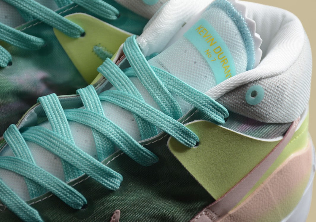 Nike KD Basketball Shoes Pastel Green Pink & Yellow Gradient Upper with Aqua Blue Laces