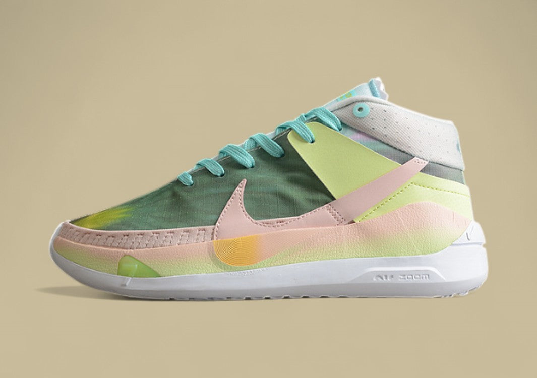 Nike KD Basketball Shoes Pastel Green Pink & Yellow Gradient Upper with Aqua Blue Laces