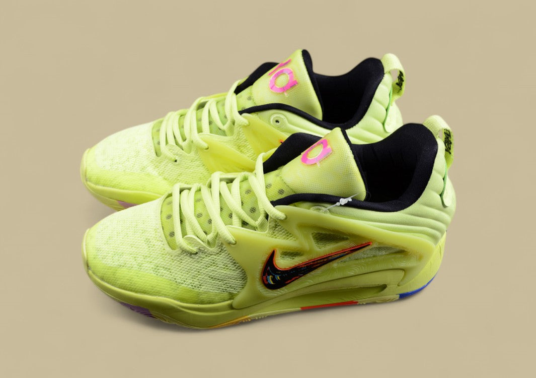 Nike KD Basketball Shoes Vibrant Volt Upper with Multi-Color Sole and Graphic Swoosh Detail
