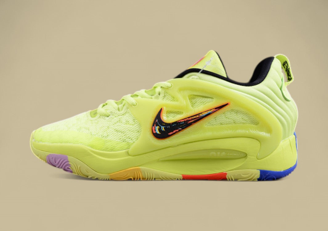 Nike KD Basketball Shoes Vibrant Volt Upper with Multi-Color Sole and Graphic Swoosh Detail