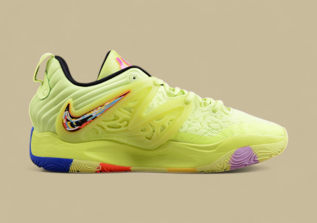 Nike KD Basketball Shoes Vibrant Volt Upper with Multi-Color Sole and Graphic Swoosh Detail