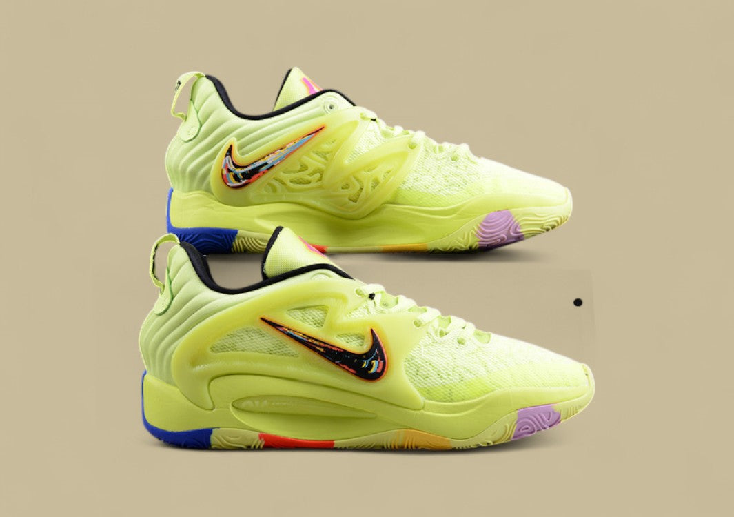Nike KD Basketball Shoes Vibrant Volt Upper with Multi-Color Sole and Graphic Swoosh Detail