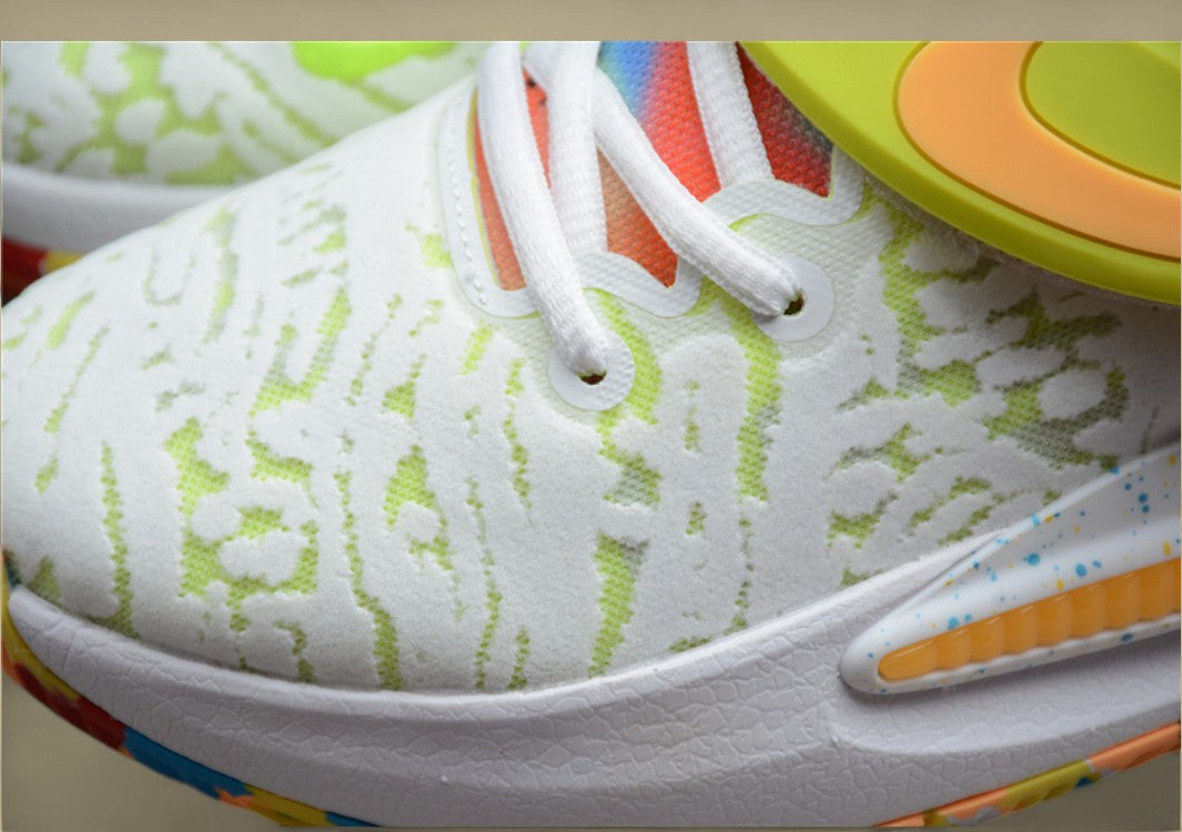 Nike KD Basketball Shoes White Upper with Volt Strap Yellow Heel & Multi-Color Outsole Pop