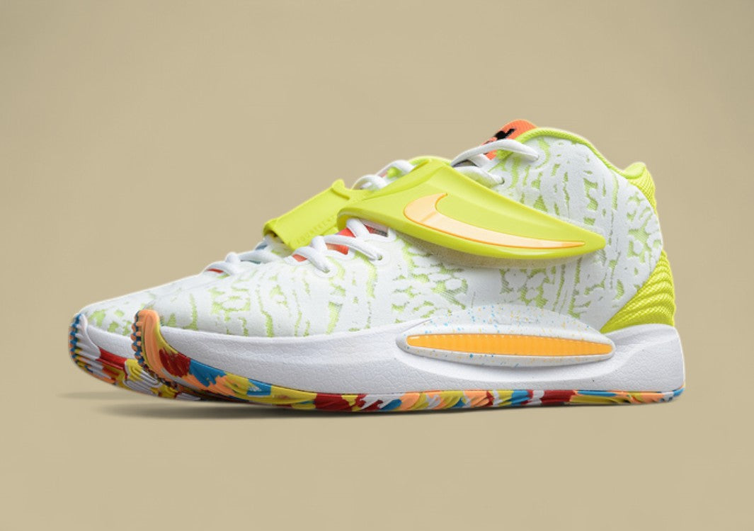 Nike KD Basketball Shoes White Upper with Volt Strap Yellow Heel & Multi-Color Outsole Pop
