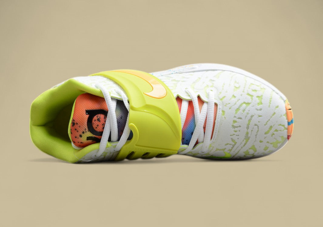 Nike KD Basketball Shoes White Upper with Volt Strap Yellow Heel & Multi-Color Outsole Pop
