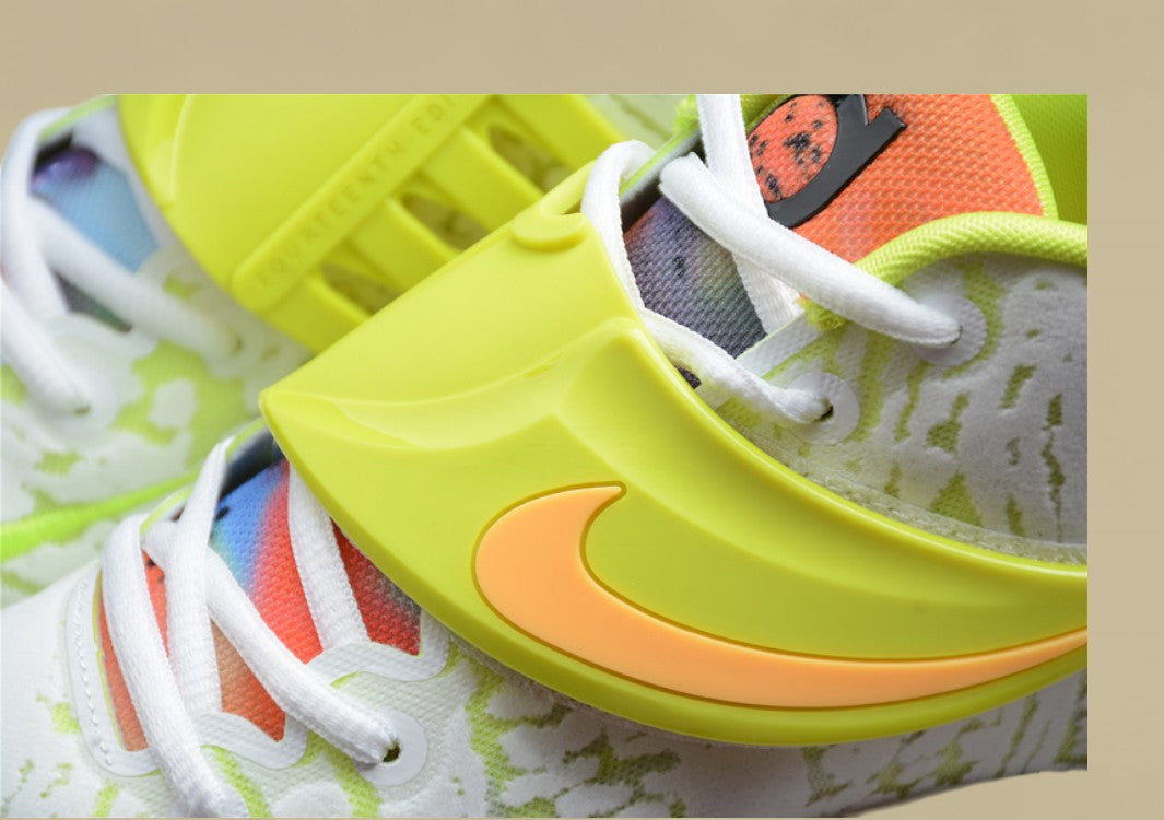 Nike KD Basketball Shoes White Upper with Volt Strap Yellow Heel & Multi-Color Outsole Pop