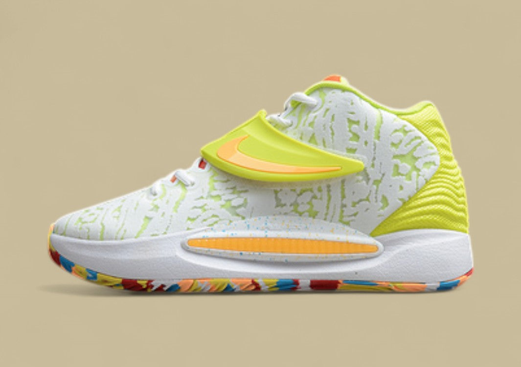 Nike KD Basketball Shoes White Upper with Volt Strap Yellow Heel & Multi-Color Outsole Pop