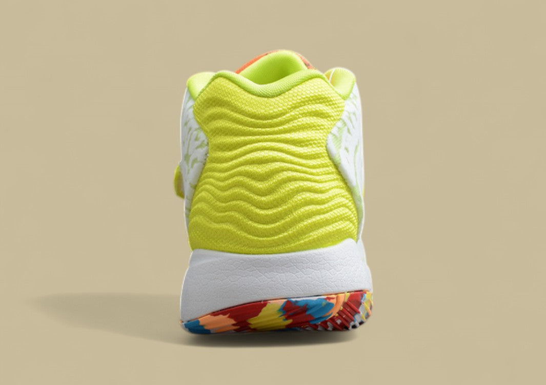 Nike KD Basketball Shoes White Upper with Volt Strap Yellow Heel & Multi-Color Outsole Pop