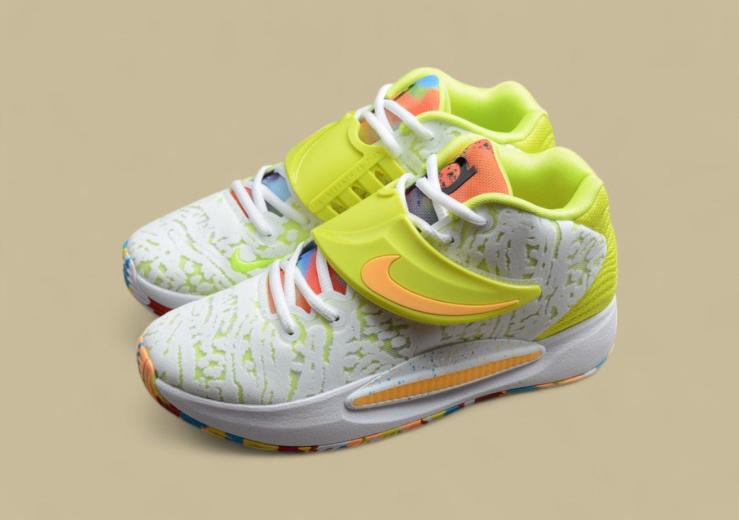 Nike KD Basketball Shoes White Upper with Volt Strap Yellow Heel & Multi-Color Outsole Pop