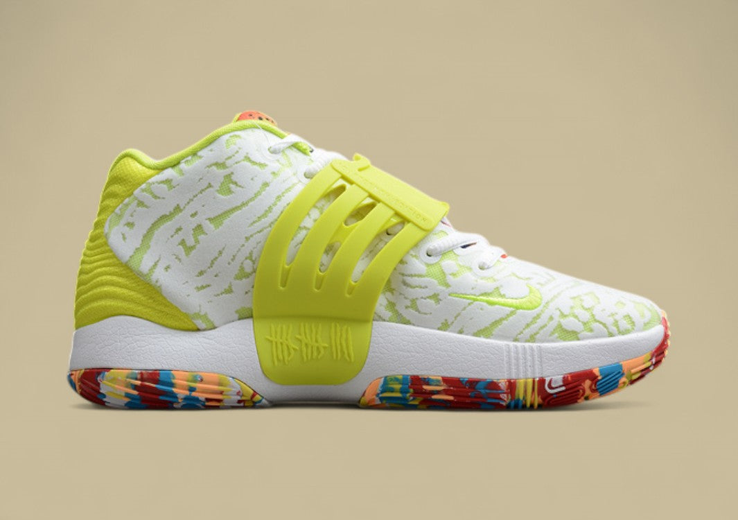 Nike KD Basketball Shoes White Upper with Volt Strap Yellow Heel & Multi-Color Outsole Pop