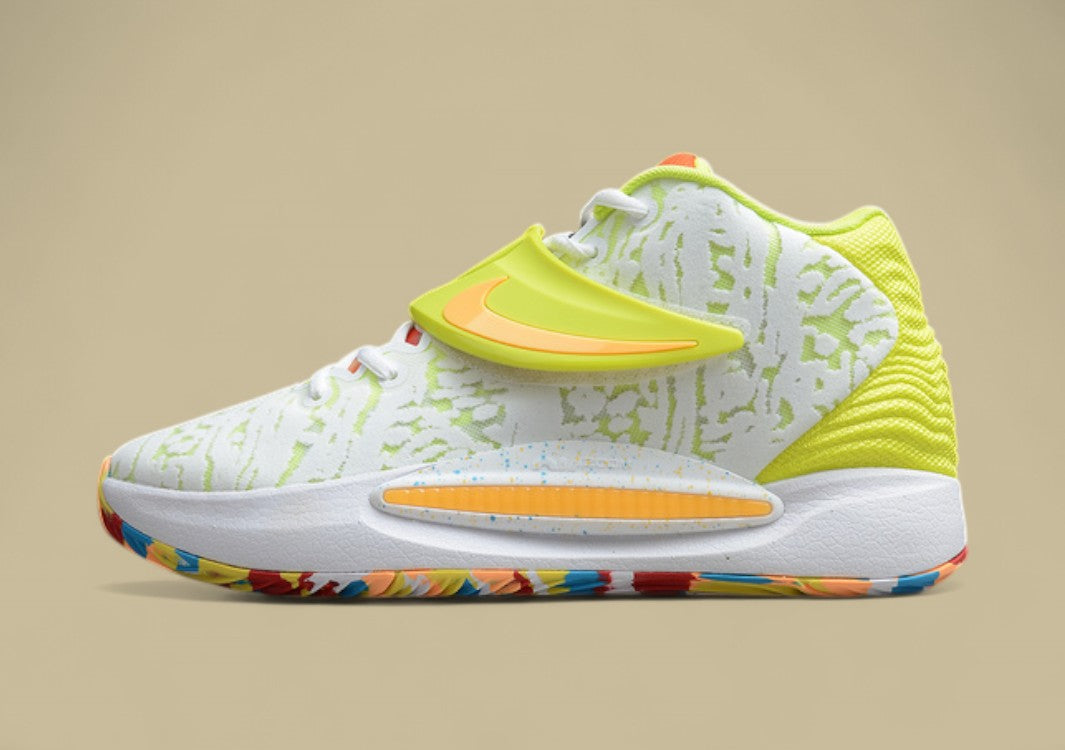 Nike KD Basketball Shoes White Upper with Volt Strap Yellow Heel & Multi-Color Outsole Pop