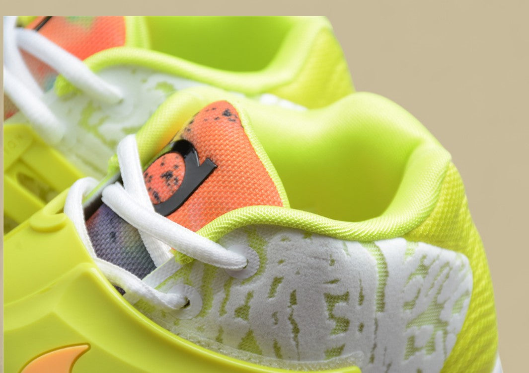 Nike KD Basketball Shoes White Upper with Volt Strap Yellow Heel & Multi-Color Outsole Pop