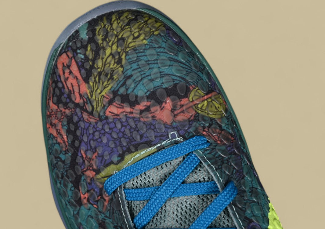 Nike Kob "Cannon Volt-Purple Venom-Turf Orange" Vibrant Low-Top Basketball Shoe With Multicolor Camouflage Graphic