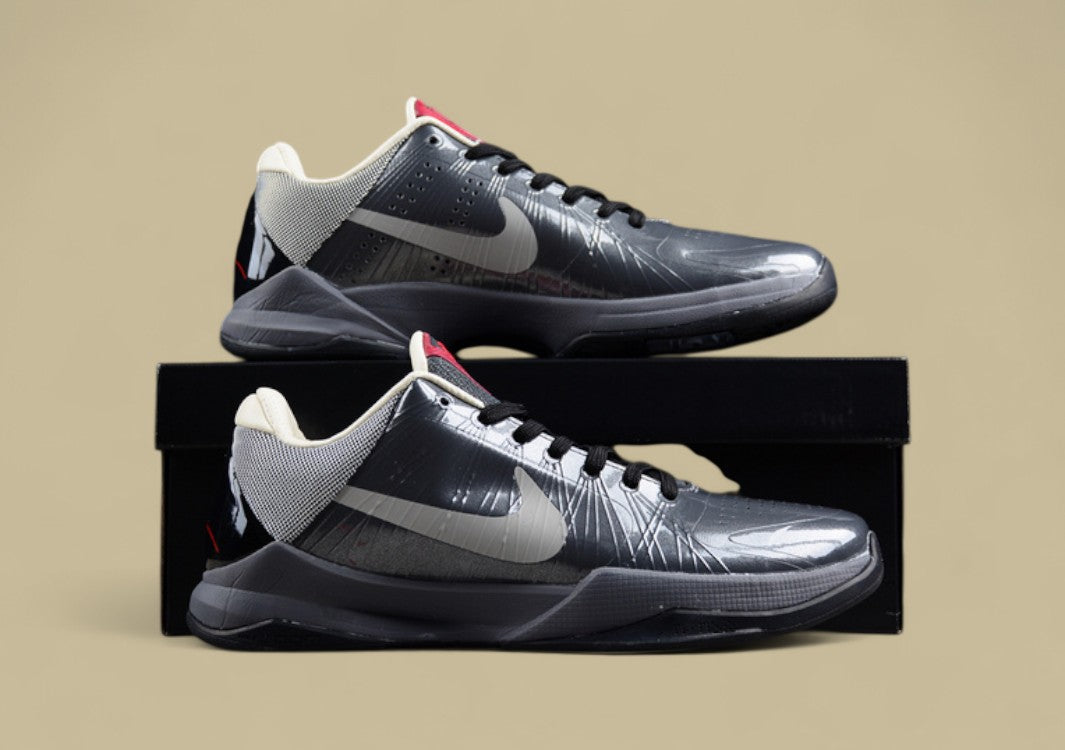 Nike Kobe Basketball Shoes Black Grey Sleek Low-top Design With Glossy Finish and Red Accents