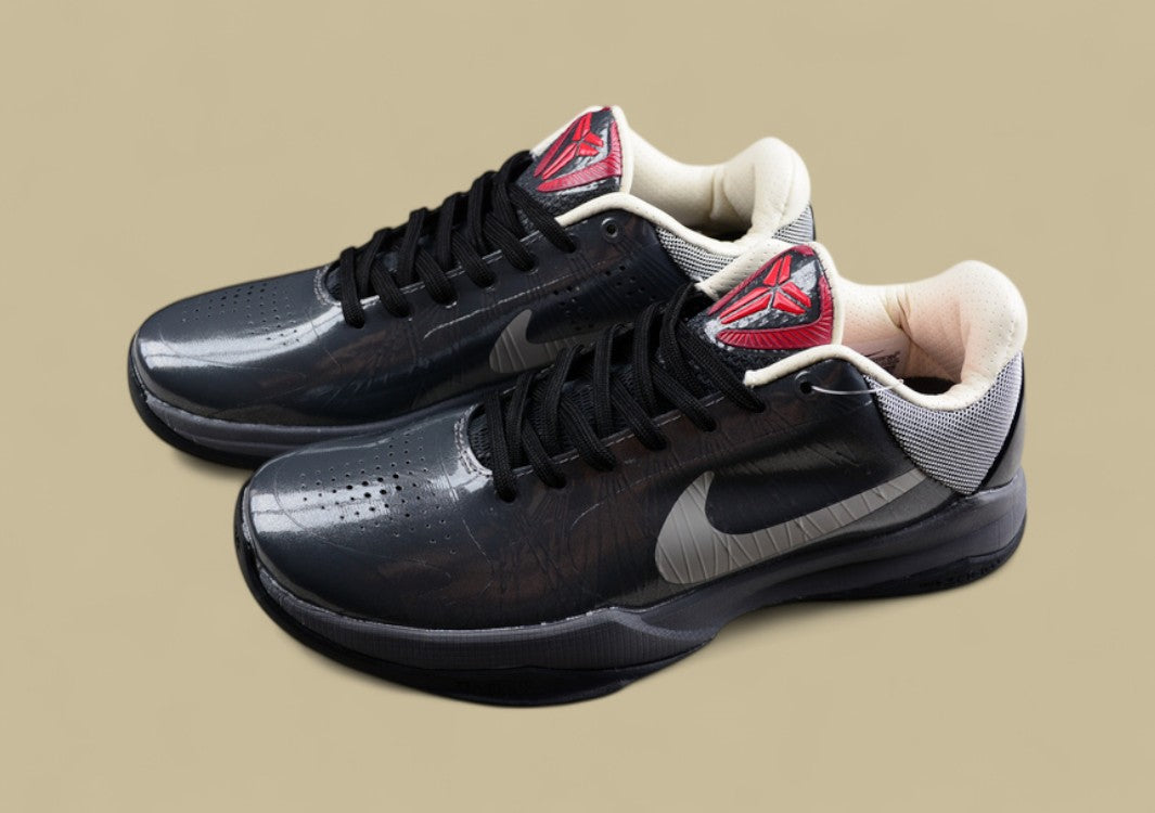 Nike Kobe Basketball Shoes Black Grey Sleek Low-top Design With Glossy Finish and Red Accents