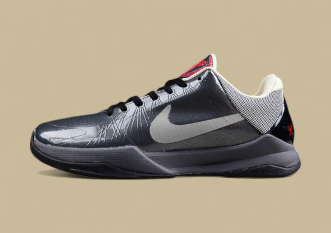 Nike Kobe Basketball Shoes Black Grey Sleek Low-top Design With Glossy Finish and Red Accents