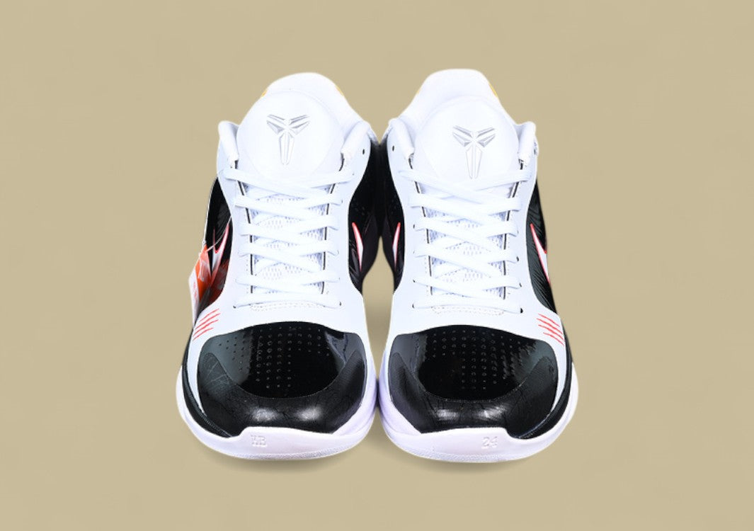 Nike Kobe ChNike Kobe Chaos White Black Gold Red Sleek Low-top Design With Glossy Panels and Bold Accentsaos Black gold Bold Yellow and Black Colorway With Red Details and Low-top Build (Copy)
